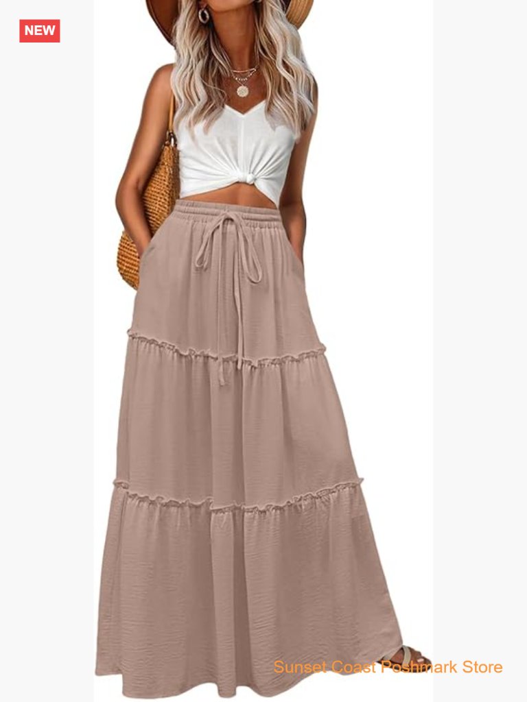 Womens Boho High Waisted Flowy Maxi Skirt Tiered Long Skirt With Pockets Summer